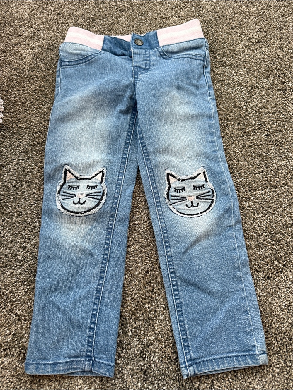 Cat & Jack Light Blue Jeans with Pink Waistband and Cat Knee Patches